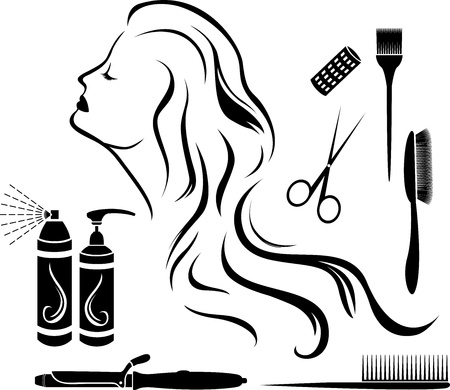 Set for hairdressers, hairdressing accessories and beautiful girl profile, stencilのイラスト素材