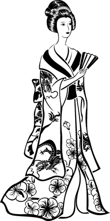 Geisha in traditional costume with a fan, black vector stencilのイラスト素材