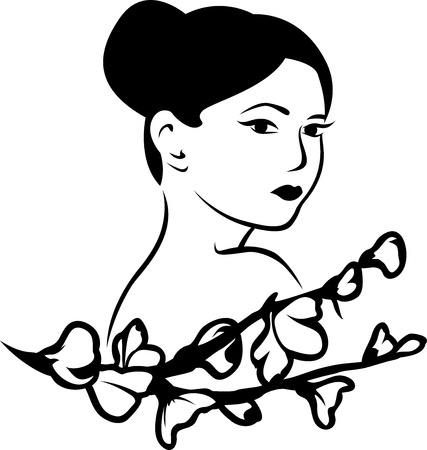 Beautiful Japanese woman with a branch of cherry blossoms, stencil stickerのイラスト素材