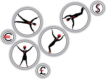 Concept of ideal business system, people in gears and currencyのイラスト素材