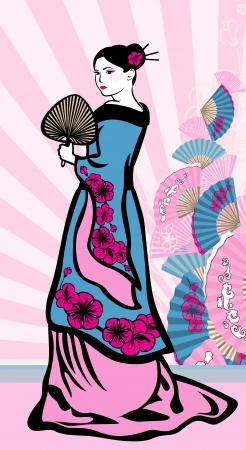 Japanese vertical background, geisha and a Japanese fanのイラスト素材
