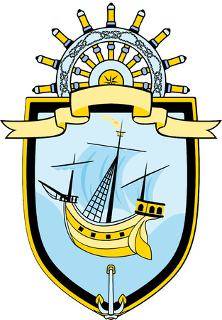 Marine emblem, ship steering wheel, anchor and ribbon bannerのイラスト素材