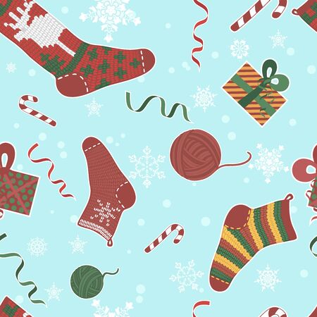 Christmas seamless pattern with gifts, knitted socks and snowflakesのイラスト素材