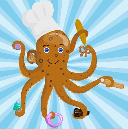 Confectioner octopus, sweet pastries, muffin, waffles, cake, macaroon, pretzel, donutのイラスト素材