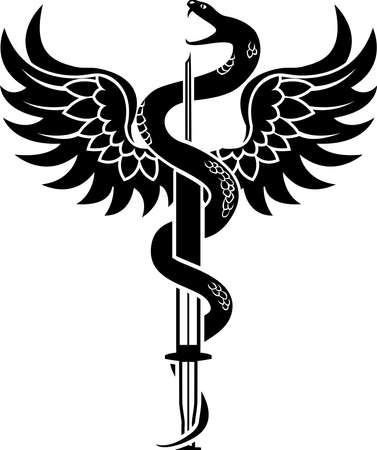 New medical symbol, a snake coiled around a syringe. Caduceus. Black vector stencilのイラスト素材