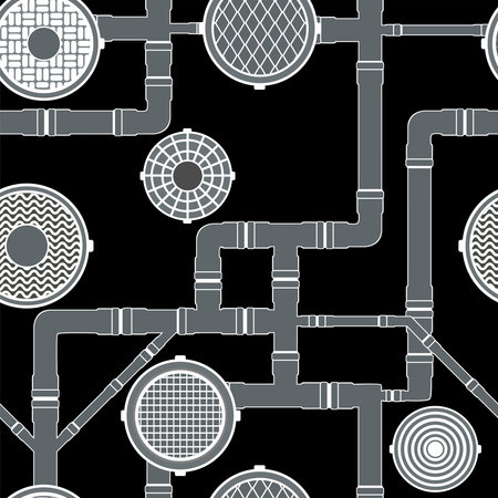 Sewer seamless pattern, pipes and sewers black and white variantのイラスト素材