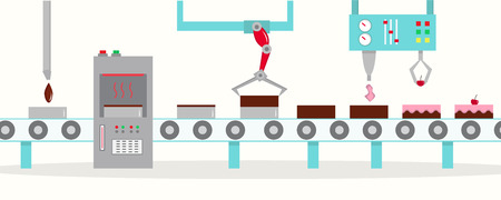 The conveyor for the production of cakes with cherries. The factory of cakes. Flat style, vector illustration.のイラスト素材
