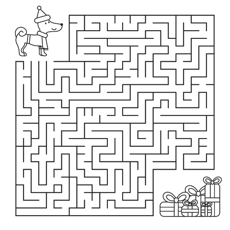 Christmas maze for children, funny dog ??looking for gifts. Coloring page. Vector illustration.のイラスト素材