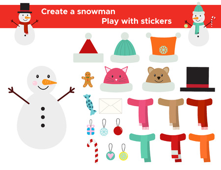 Funny game with stickers for children. Create a snowman, cute winter hats, scarfs and decoration. Vector illustration.のイラスト素材