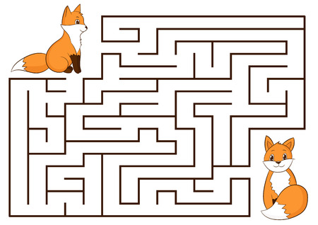 Educational maze game with cute cartoon fox. Activity page for kids. Hand drawn. Vector illustrationのイラスト素材