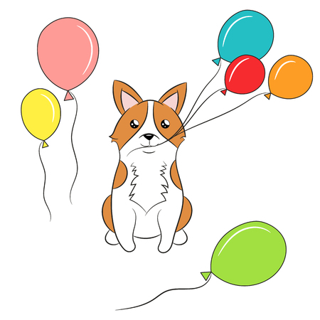 Cartoon puppy with balloons, dogs breed Welsh Corgi Pembroke, hand drawn. Children's vector illustration.のイラスト素材