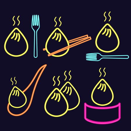 Colorful Chinese dumplings, neon lights food set. Vector illustrationのイラスト素材