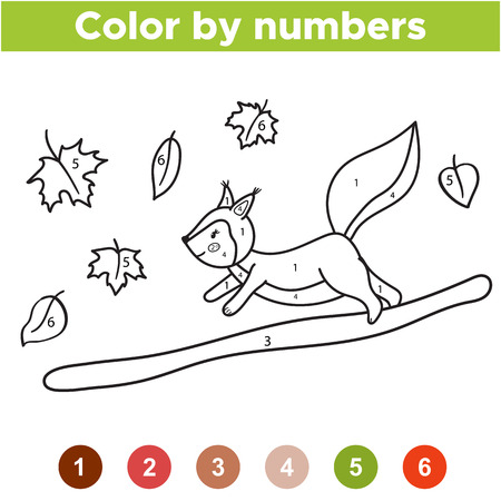 Numbers coloring page. Cute cartoon squirrel with acron. Educational game for preschool kids. Autumn. Woodland animals. Vector illustration.のイラスト素材