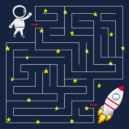 Maze game for kids. Help the cosmonaut find right path to rocket. Open space with stars. Cartoon style. Vector illustration.のイラスト素材