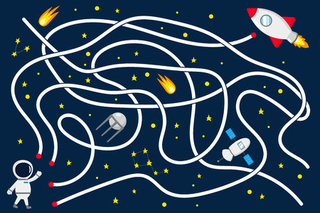 Maze game for kids. Help the astronaut find the right way to the rocket. Open space with stars, satellite. Vector illustration.のイラスト素材