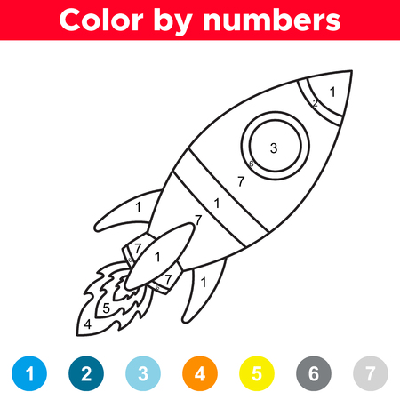 Color by number for preschool and school kids. Coloring page with rocket. Space day. Vector illustration.のイラスト素材