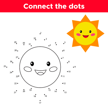 Dot to dot game, numbers game for children. Cute cartoon kawaii sun. Space theme. Vector illustration.のイラスト素材
