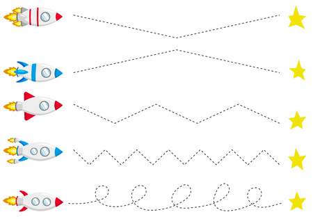 Trace line worksheet for kids, practicing fine motor skills. Help rocket fly to the stars. Educational game for preschool kids. Vector illustration.のイラスト素材