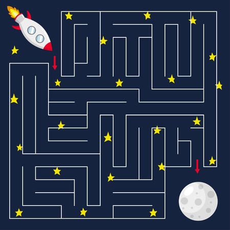 Maze game for kids. Help the rocket find the right way to the moon. Space theme. Vector illustration.のイラスト素材
