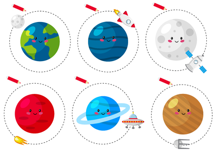 Trace line worksheet for kids, practicing fine motor skills. Educational game for preschool kids. Cute kawaii planets. Vector illustration.のイラスト素材