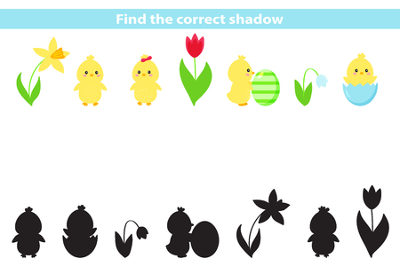 Educational game for preschool kids. Find the right shadow. Vector kawaii chick with spring flowers and Easter egg.のイラスト素材