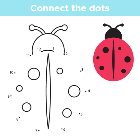 Educational numbers game for children, connect the dots. Vector cartoon ladybug. Coloring page.のイラスト素材