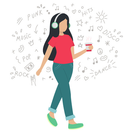 Girl in headphones listening to music while walking. Woman has coffee in her hands. Vector flat illustration. Hand drawn doodle.のイラスト素材