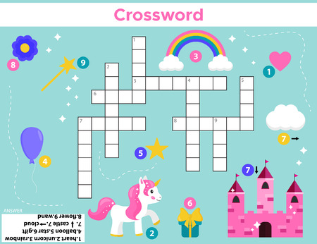 Crossword for preschool kids. Cartoon unicorn, magic wand, castle, flower, rainbow, stars and balloon. Educational game. Learning english.のイラスト素材
