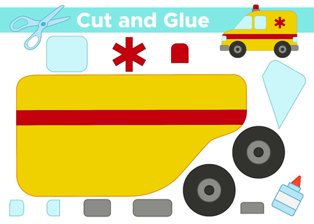 Educational paper game for kids. Cut and glue cartoon ambulance car.のイラスト素材