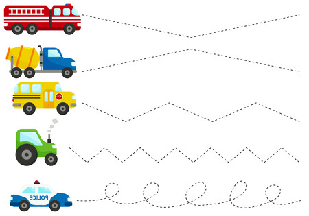 Cute cartoon police car, truck, fire engine, tractor, school bus. Trace line worksheet for kids, practicing fine motor skills. Educational game for preschool children.のイラスト素材