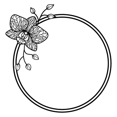 Vector orchid round frame. Outline exotic flower. Branches with buds.のイラスト素材