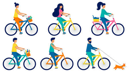 Set of flat vector people riding bicycles. Men and women on bikes. Cat, food and flowers in basket. Cute Corgi dog is running. Illustration in cartoon styleのイラスト素材