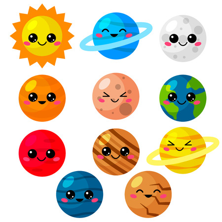 Kawaii cartoon vector set of planets. Cute solar system for kids. Planets, sun and moon with funny faces.のイラスト素材