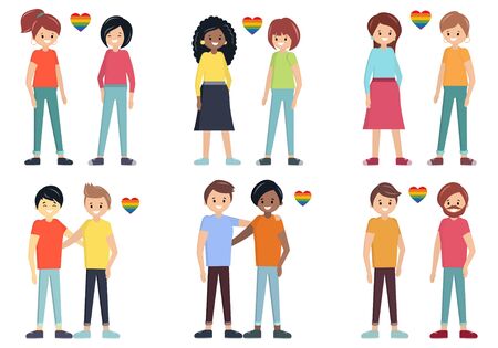 Gay couple vector set illustration. Young lesbians and gay cartoon character design. lgbtg community. Saint Valentines Day.のイラスト素材