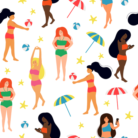 Different nationalities woman relaxing on the beach. Girl play beach ball, makes selfie. Cartoon flat style illustration. Body positive. Feminist vector seamless pattern.のイラスト素材