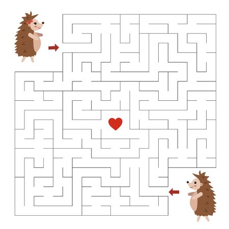 Maze game for children. Valentines day. Help the hedgehogs find right way to the heart. Vector cartoon hedgehog couple. Love date.のイラスト素材
