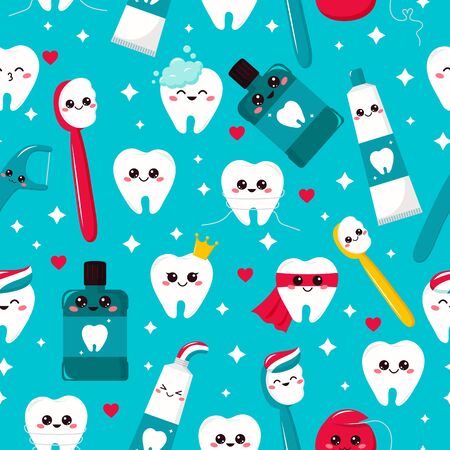 Childish seamless dental pattern. Kawaii tooth, toothpaste, toothbrush, mouthwash and dental floss. Cartoon characters. Hygiene.のイラスト素材