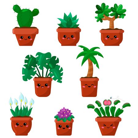 Cartoon vector set of kawaii houseplants in pots.のイラスト素材