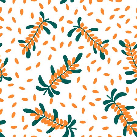 Seamless pattern of sea buckthorn branch with orange berries. Scandinavian abstract illustration.のイラスト素材