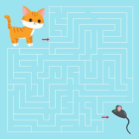 Maze game for children. Help the ginger cat find right way to his mouse toy. Cute kawaii cartoon character.のイラスト素材