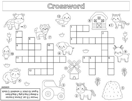 Crossword for children. Learn farm animals. English vocabulary. Educational game. Kawaii vector cartoon characters. Coloring page for preschool kids.のイラスト素材