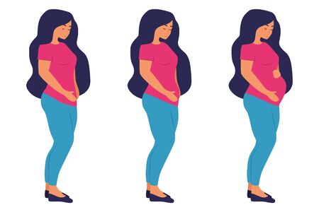 Pregnancy stages. Cute flat cartoon character. Pregnant woman and birth newborn trimester. Woman belly figure during pregnancy. Isolated on white background.のイラスト素材