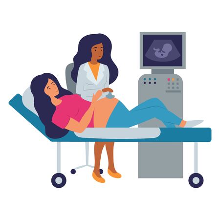 Medicine concept with doctor and young pregnant woman. The doctor checks the child with ultrasonography. Flat style vector illustration.のイラスト素材
