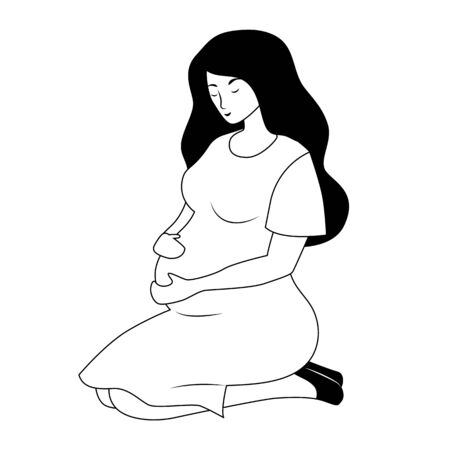 Vector pregnant woman in dress. Modern flat people illustration. Black and white illustration.のイラスト素材