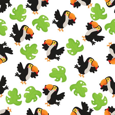 Childish seamless pattern with cartoon toucan. Tropical bird. Monstera plant leaves. Jungle vector animals.のイラスト素材