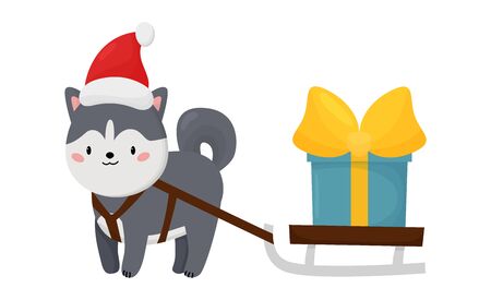 Cute kawaii husky dog with Christmas gift. Cartoon vector character. Happy New Year greeting card. Puppy with hat and sleigh.のイラスト素材