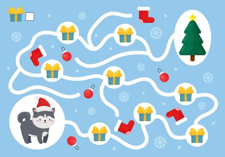 Christmas educational game for preschool children. Help the husky dog collect all presents. Happy New Year worksheet. Cute kawaii dog character. Count and write.のイラスト素材
