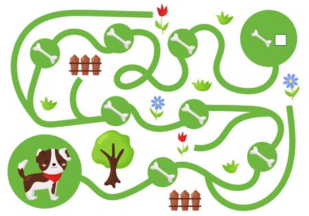 Maze game for preschool children. Help the dog collect all bones. Count and write. Cute kawaii characters. Educational worksheet.のイラスト素材
