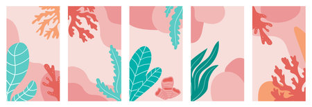 Set of abstract coral and seaweeds backgrounds for social media, promotional content. Trendy pastel...