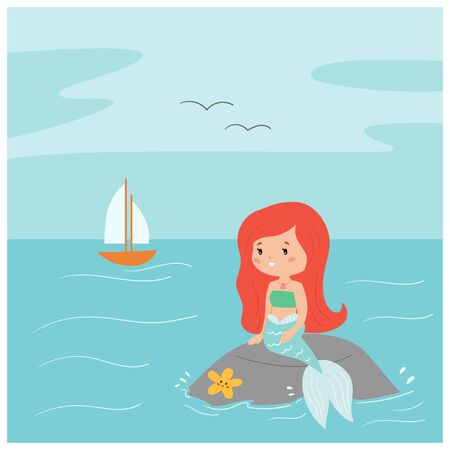 Cute kawaii mermaid is sitting on the rock and look on ship. Vector illustration for children book or greeting cards. Cartoon character.のイラスト素材